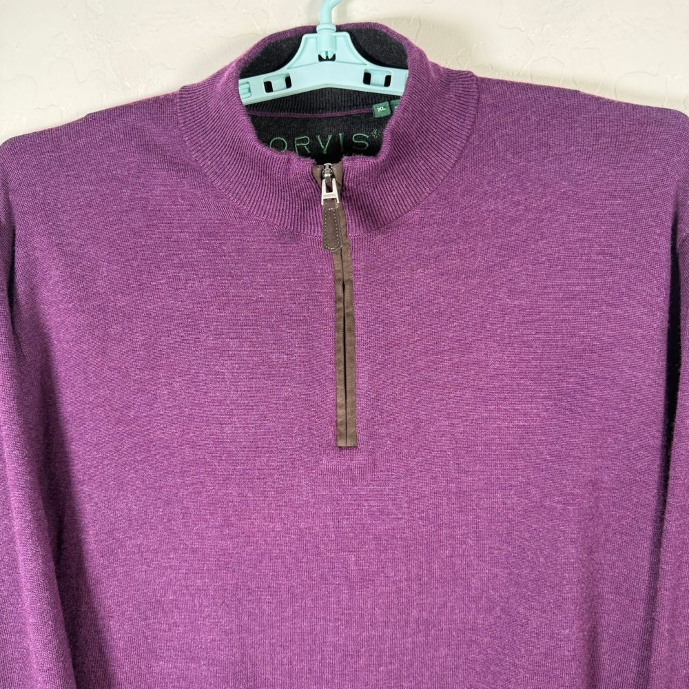 Orvis Quarter Zip Sweater Mens XL Purple Merino Wool Pullover Outdoor Casual
